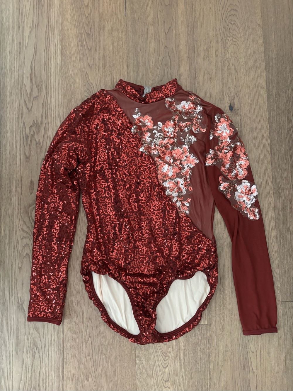 Women's Red Sequin Floral Appliqué Long-Sleeve Dance leotard costume